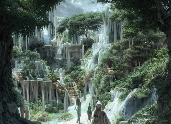 Image similar to A wide open courtyard in a beautiful elven city made of ivory, anime, lush trees, fountain, at Pamukkale, thermal waters flowing down white travertine terraces, intricate, elegant, luxurious, digital painting, concept art, smooth, sharp focus, from Star Trek 2021, illustration, by WLOP and Ruan Jia and Mandy Jurgens and William-Adolphe Bouguereau, Artgerm