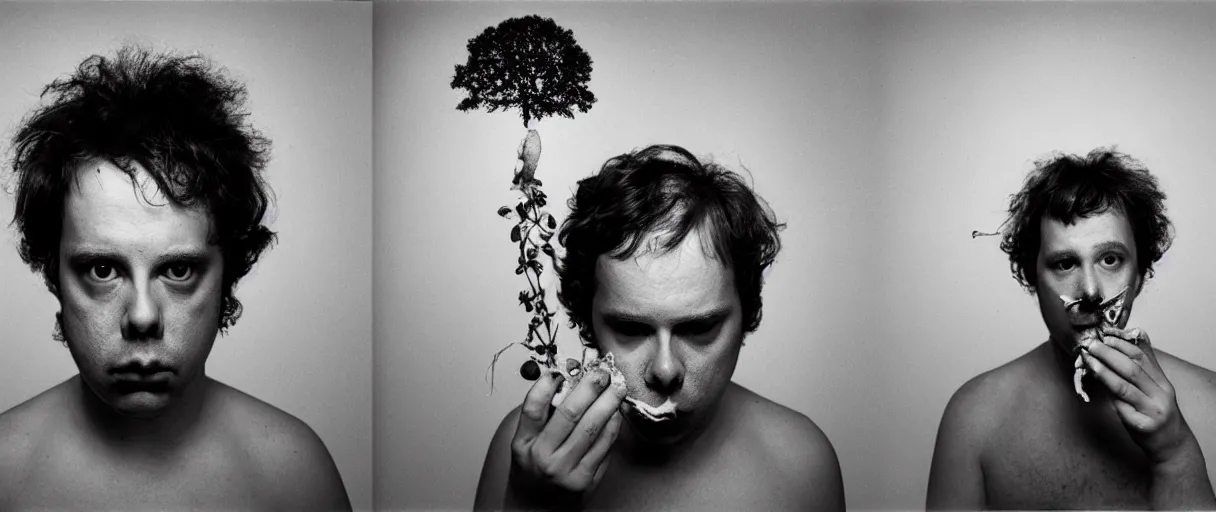 Image similar to award winning photo of a todd solondz charles thompson iv eating a mushrooms and becoming nature, sad, symmetrical face, beautiful eyes, studio lighting, wide shot art by sally mann & arnold newman