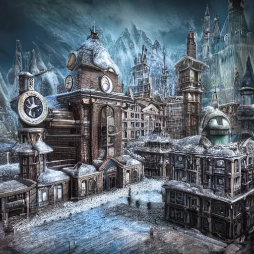 Image similar to frozen steampunk city, hyper realistic photograph