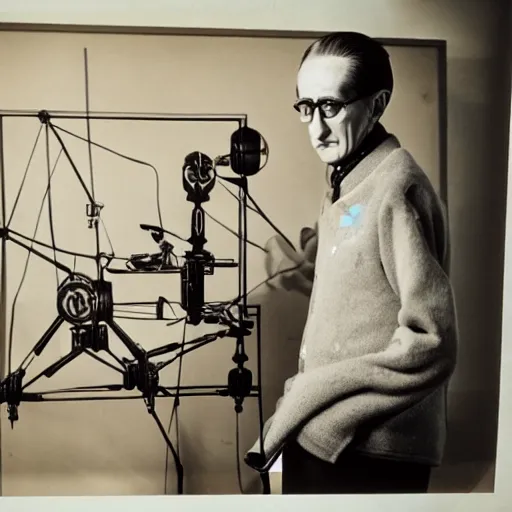 Image similar to Kodachrome portrait of Marcel Duchamp with an technologival machine, archival pigment print in the style of Hito Steyerl, studio shooting, contemporary art