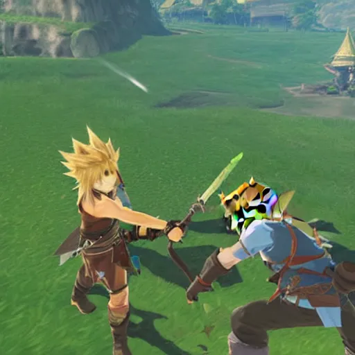 Prompt: cloud strife fighting link in hyrule breath of the wild
