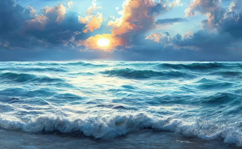 Image similar to Sun coming in the sea after a storm, beautiful landscape, digital painting, realistic, 4k, trending in ArtStation, beautiful and romantic, detailed water