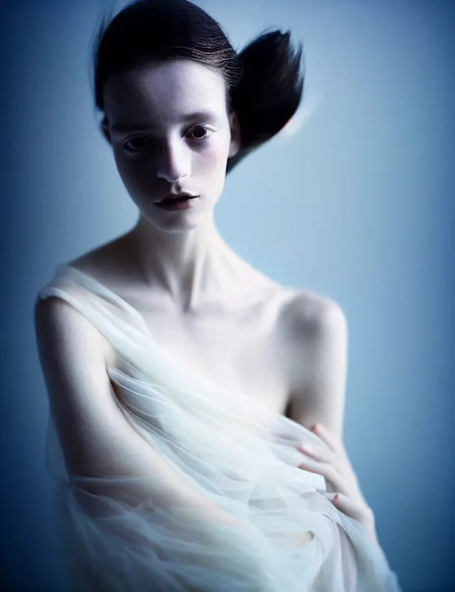 Image similar to kodak portra 4 0 0 photo portrait of a beautiful woman in style of paolo roversi, lightpainting motion blur, dress in white, elegant, soft coloured gel lighting, black background, highly detailed, sharp focus, ethereal, out worldly colours, emotionally evoking, head in focus, soft blur coloured gel light dreamy, volumetric lighting