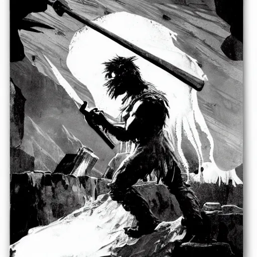 Image similar to norse troll blacksmith with sledgehammer profile portrait half body monochrome portrait hammer cover illustration dramatic kvlt by peder balke by peder balke by guido crepax by norman bluhm mystic high contrast monochromatic norway