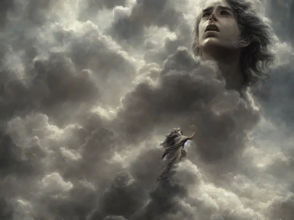 Prompt: demigod in the clouds, face made out of clouds, dramatic, intricate, elegant, highly detailed, digital painting, artstation, concept art, smooth, sharp focus, illustration, art by gustave dore, octane render