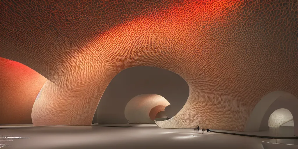 Image similar to extremely detailed awe stunning beautiful futuristic smooth curvilinear museum interior, translucent gills, hyper real, 8k, colorful, 3D cinematic volumetric light, atmospheric light