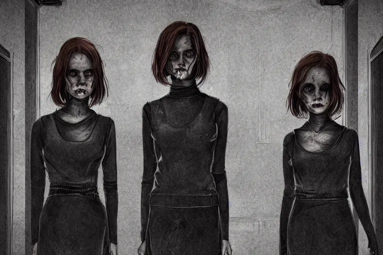 Image similar to scary ginger twin girls standing in an haunted endless hallway, illustration, horror, dark, dramatic lighting, digital art, unique, trending on artstation, artistic, symmetrical, inspired by wes anderson