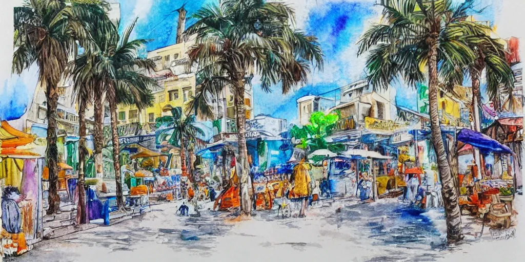 Image similar to streets of tel aviv. pen painting watercolors. colorful. highly detailed. palm trees. dogs.