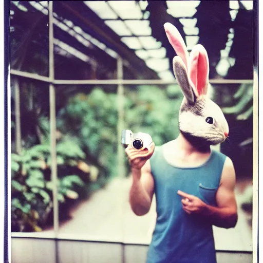 Image similar to grainy head to shoulder portrait Polaroid film photograph of a man wearing a bunny costume in a tropical greenhouse. looking at the camera!!. super resolution. Extremely detailed. Polaroid 600 film. by Annie Leibovitz and Richard Avedon