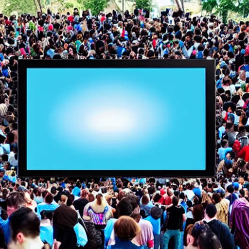 Prompt: a large crowd of people looking up at a large screen