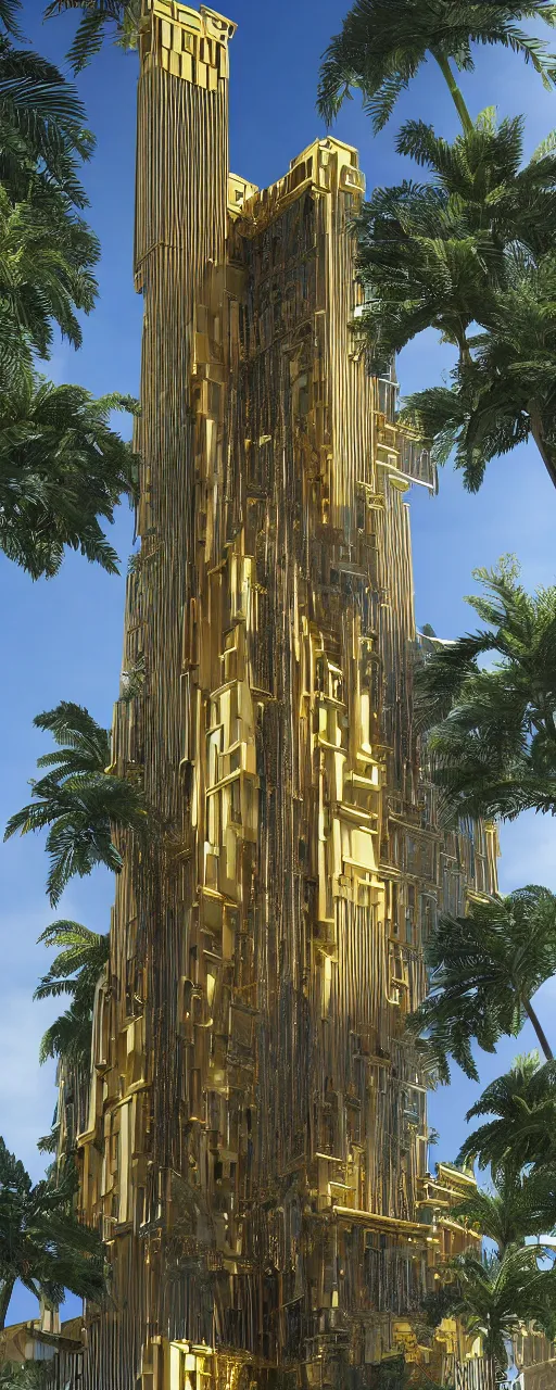 Image similar to epic eye level view of a contemporary tower, golden intricate details, golden facade, sacred architecture, hanging gardens, cascading highrise, arid mountains with lush palm forest, photorealistic, sunlight, 8 k, post - production, octane, cgi, sfx