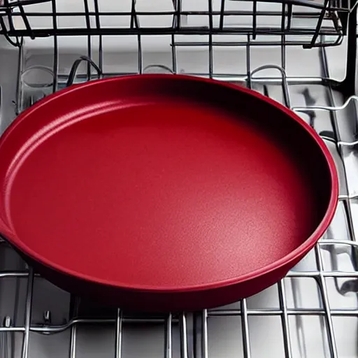 Prompt: cast iron skillet pan loaded into dishwasher rack, anger, red