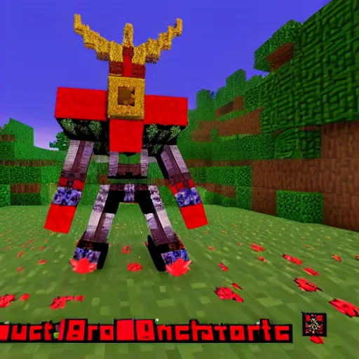 Prompt: black knight with horns, shooting beam of flowers from chest, minecraft style