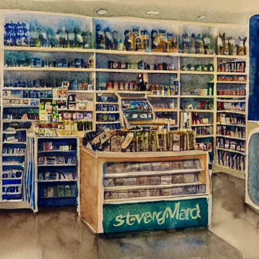 Prompt: bustling busy small shop shelves neat cannabis samples interior design, aussie, environment portrait watercolor drawing by steve hanks, australia tv still render by pixar