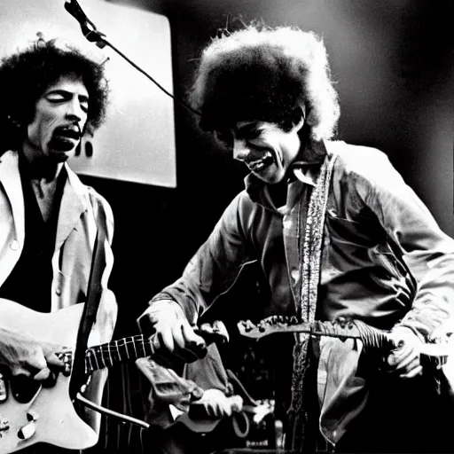 Image similar to bob dylan playing with jimi hendrix, photograph