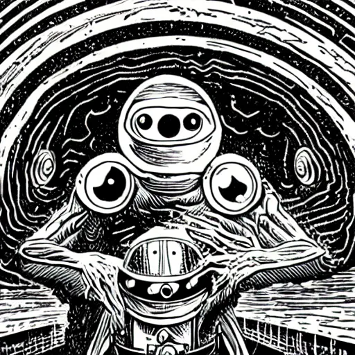 Prompt: pepe the frog casually being in the city while ufo abduction is happening. by virgil finlay