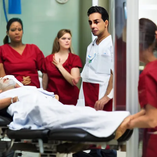 Prompt: a man is giving blood at the bloodbank but his blood is green and the nurses standing by are very scared. extremely detailed photo, hostpital exnvironment.