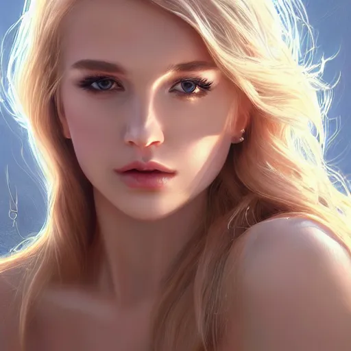 Prompt: a gorgeous female photo, professionally retouched, soft lighting, wearing sundress, illuminated by moonlight, realistic, smooth face, blonde goddess, luscious lips, perfect eyes, wide angle, sharp focus on eyes, 8 k high definition, insanely detailed, intricate, elegant, art by artgerm and wlop