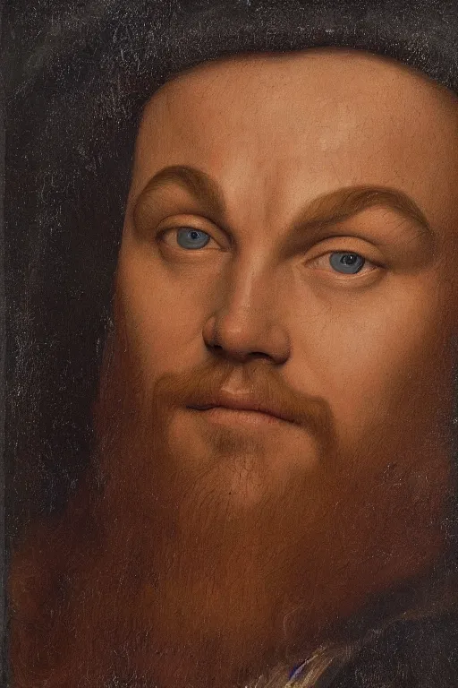 Prompt: portrait of leonardo dicaprio, oil painting by jan van eyck, northern renaissance art, oil on canvas, wet - on - wet technique, realistic, expressive emotions, intricate textures, illusionistic detail