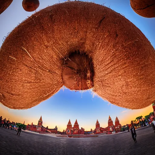 Image similar to symmetrical photo of giant coconut on red square, super wide shot, 1 2 mm, bokeh