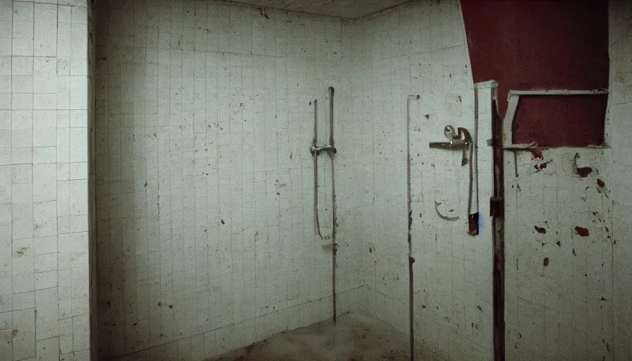 Image similar to 60s movie still of a sovietic stalinist style empty prison shower with yellow tiles and a bloody corpse, cinestill 800t 50mm eastmancolor, liminal Space style, heavy grain-s 150