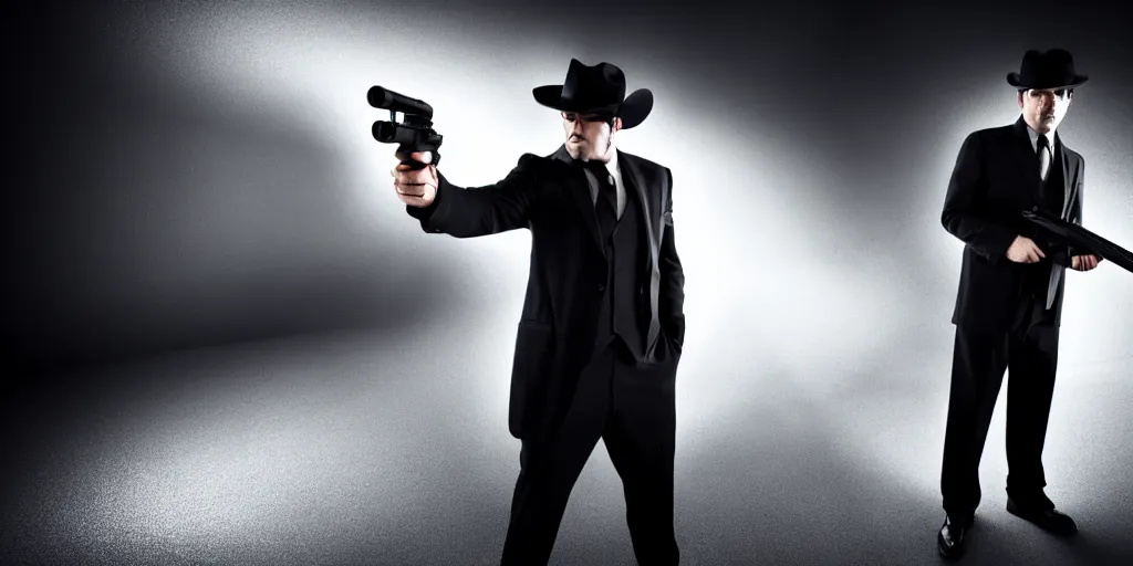 Image similar to serious looking man in a black suit and black fedora hat. he has a big silver gun, 4 k, atmospheric, epic scene, strong shadows, high contrast