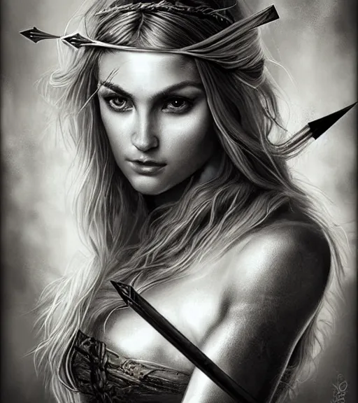 Image similar to portrait of very beautiful aphrodite goddess as an archer, arrow, beautiful piercing eyes, flowing blonde hair, realistic face, black and white drawing, in the style of greg rutkowski, fantasy, amazing detail, epic, intricate, elegant, smooth, sharp focus