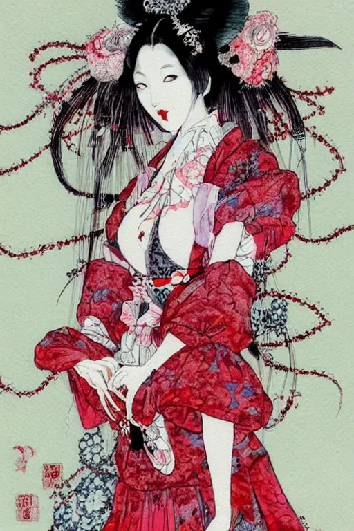 Image similar to watercolor painting of an avant - garde japanese cat geisha vampire queen in a victorian lolita fashion red dress in the style of lovecraftian horror painted by yoshitaka amano, takato yamamoto, ayami kojima, dmt art, symmetrical vogue face portrait, intricate detail, artstation, cgsociety, artgerm, rococo