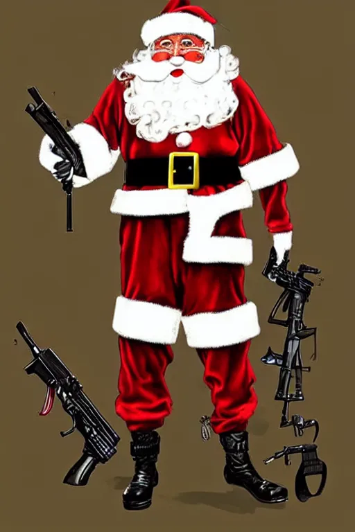 Image similar to concept of a jolly Santa Claus holding a M61 Vulcan machine gun and wearing an army harness vest full of pouches, full body concept in the style of Norman Rockwell and Simon Bisley