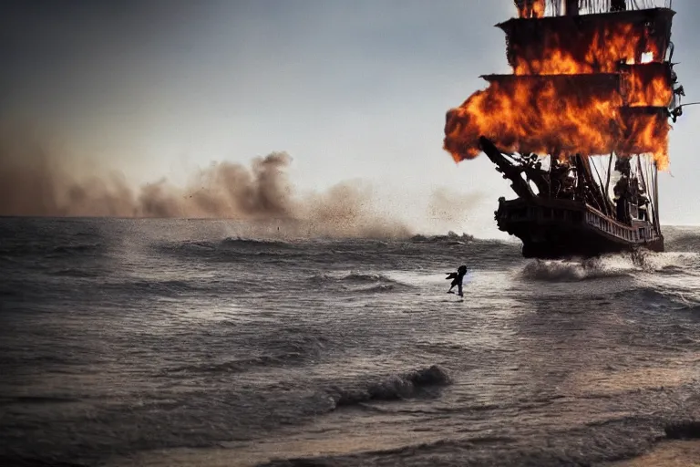 Prompt: closeup pirate couples running down beach as pirate ship fires canons, sand explosion by emmanuel lubezki