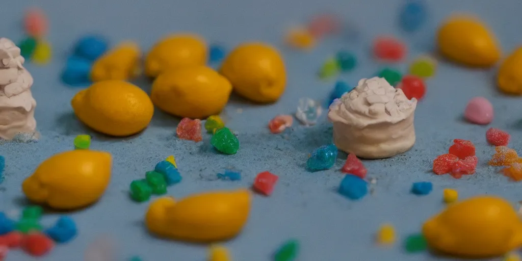 Image similar to a cinematic film still of a claymation stop motion film about a town made of lemons and candy, shallow depth of field, 8 0 mm, f 1. 8