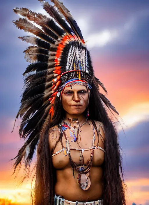 Prompt: hyper detailed realistic photo of an American Indian warrior princess wearing a headdress, in a field with a bison at sunset, long black hair, hd, 8k, muted colors,award winning photography
