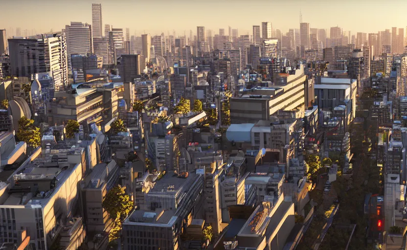 Image similar to unreal engine 5 render of tokyo city from a rooftop view, sunset lighting, hyper realism, realistic shading, cinematic composition, blender render, octane render, hdr, detailed textures, photorealistic, ultrawide shot, 1 6 mm lens