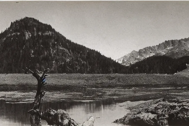 Image similar to very old photo of a landscape of mountains with lake and a dead tree in the foreground, , 1920