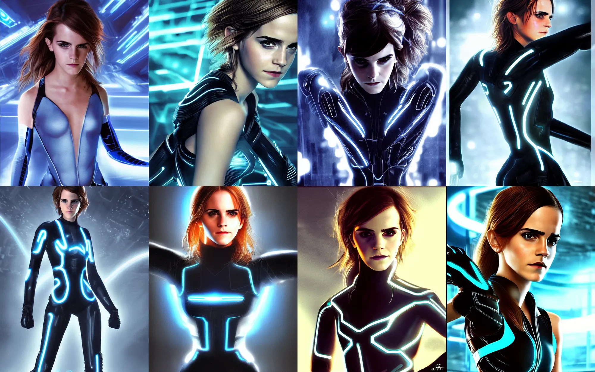 Prompt: closeup shot of emma watson in tron legacy cosplay, epic pose, concept art, by artgerm and luis royo