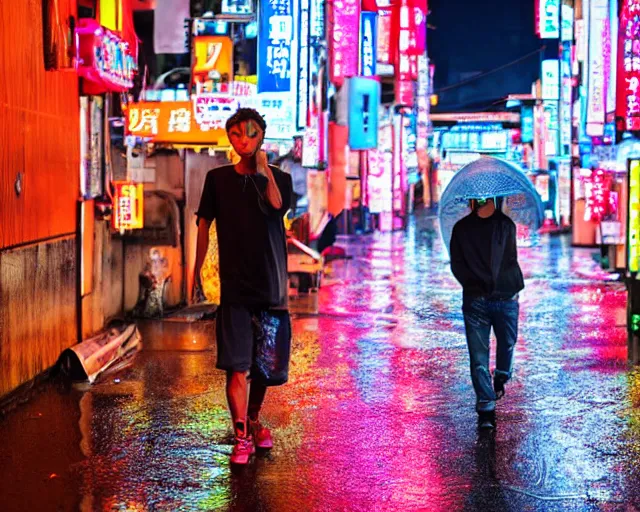 Prompt: some chad bro drunk lost and wandering the colorful neon streets of japan in the rain after a long night at the robot restaurant