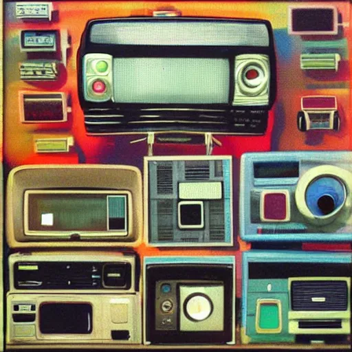 Image similar to array of crt televisions made out of cars, tv static, blob, technology, antenna, stacked, junkyard, polaroid, steroids, adult video store, impressionist painting, painting, acrylic painting, cell shaded