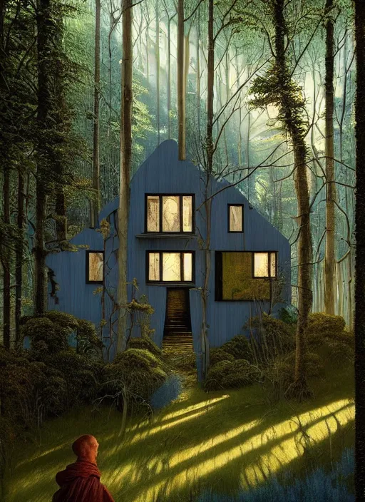 Prompt: hyper realistic witchy modern house with mood lighting and tech in the woods gorgeous lighting, sunbeams blue sky, highly detailed, lush forest foliage painting by zdzisław beksinski and norman rockwell and greg rutkowski weta studio, and lucasfilm