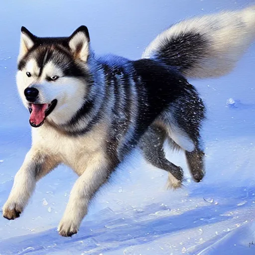 Image similar to huskey dog running in white snow, oil painting, detailed, natural light, extra crisp, realistic