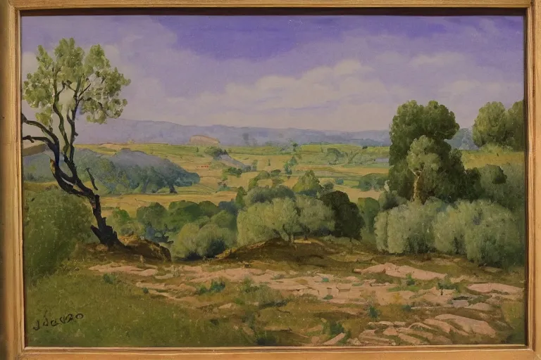 Image similar to Masterpiece of a large Provence landscape, country side and small town, gouache, by Jean Hugo, without canvas, more lavender purple color, more rocks