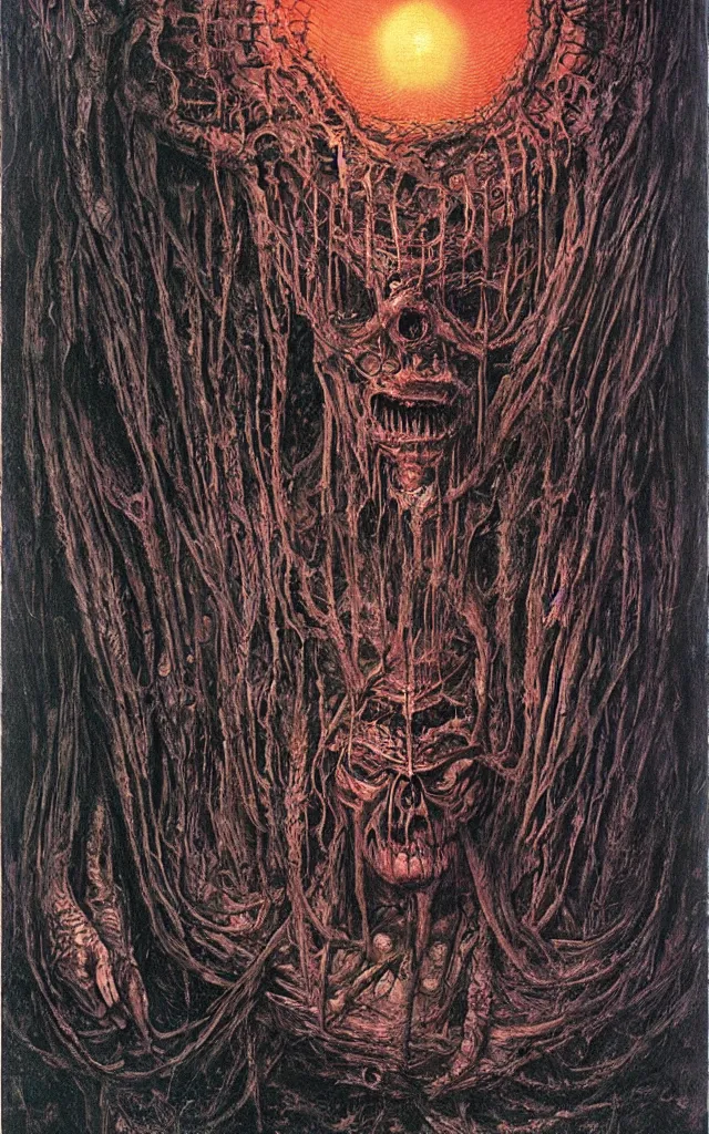 Image similar to Painting of Necronomicon by H.R.Giger and Zdzislaw Beksinski