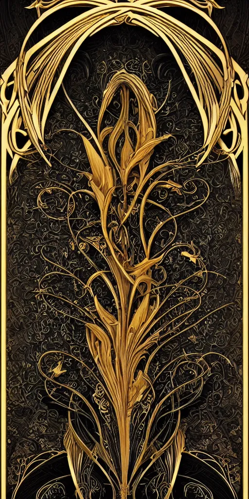 Image similar to an intricate art nouveau edges frame, with golden entertwined edges and empty black center, highly detailed, artstation, concept art, matte, sharp focus,