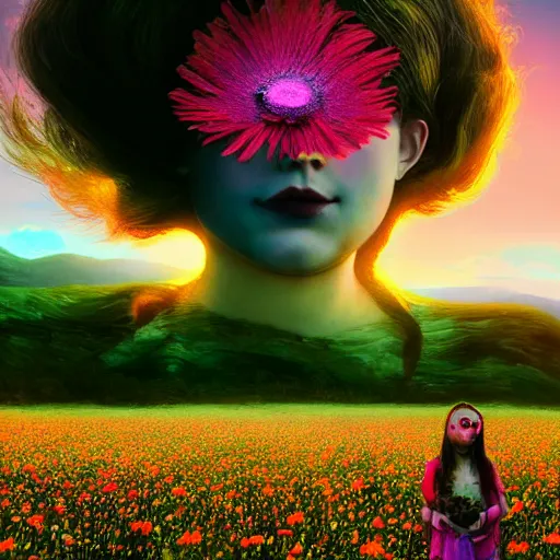 Prompt: girl with an exploding blooming flower for a head, surreal photography, dream, standing in flower field, magical, in a valley, sunrise dramatic light, impressionist painting, colorful clouds, artstation, simon stalenhag, blooming flower face