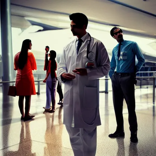 Image similar to Anxious good looking young Indian doctors in American clothes waiting at an airport, by Feng Zhu, highly detailed, excellent composition, cinematic concept art, dramatic lighting, trending on ArtStation