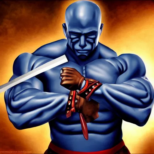 Prompt: blue skinned muscular man, swords in hands, 4 hands, HD, anime,