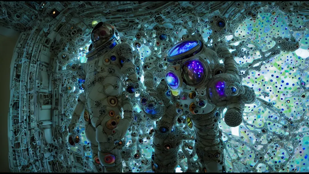 Image similar to a cybernetic symbiosis of a single astronaut mech-organic eva suit made of pearlescent wearing knitted shiny ceramic multi colored yarn thread infected with diamond 3d fractal lace iridescent bubble 3d skin dotted covered with orb stalks of insectoid compound eye camera lenses floats through the living room, film still from the movie directed by Denis Villeneuve with art direction by Salvador Dalí, wide lens,kevlar,carbon fiber,ceramics,gaseous materials,