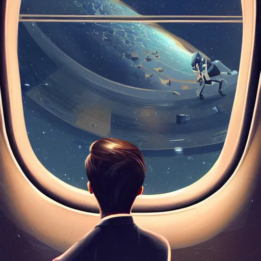 Prompt: A rich man in a suit looking out of the window of a space station ,D&D, elegant, hopeful, muscular, highly detailed, digital painting, artstation, concept art, smooth, sharp focus, illustration