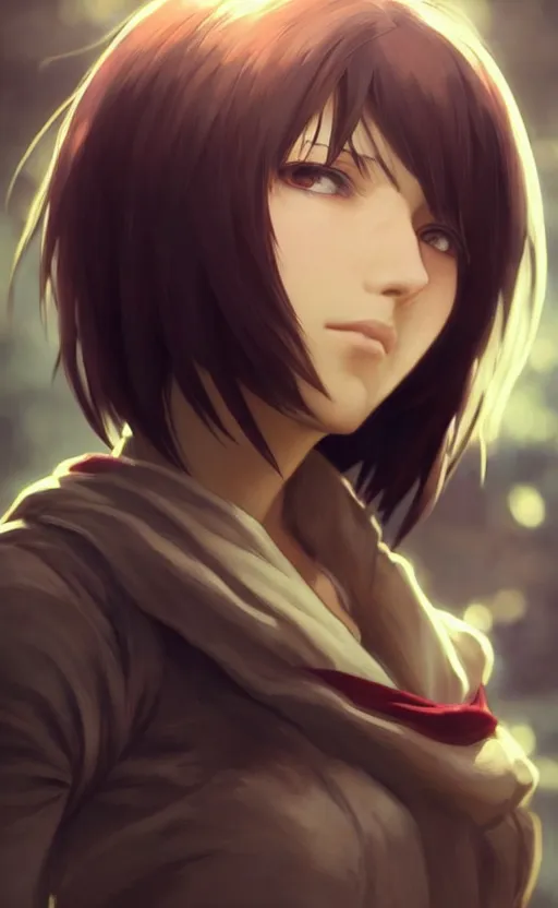 Image similar to mikasa ackerman, hero pose, medium shot, bokeh, beautiful face!!!!, 2 7 years old, cg animation, lifelike, animated, realistic, character select portrait, by artgerm, greg rutkowski, alphonse mucha, 3 d