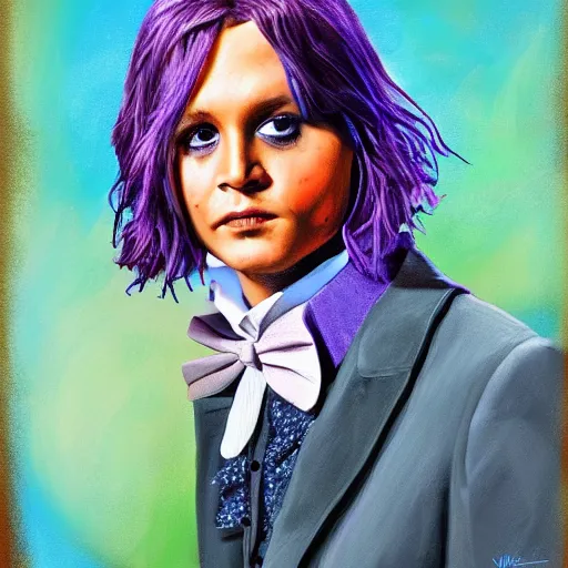 Image similar to portrait of young johnny depp as willy wonka, highly detailed, centered, solid color background, digital painting