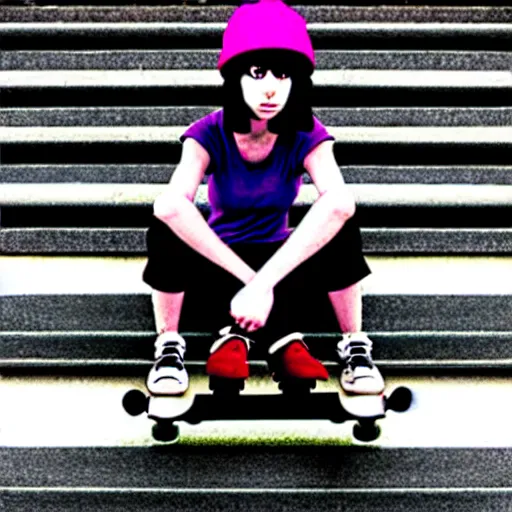 Image similar to skater girl sitting on steps by scott pilgrim, by bryan lee o'malley